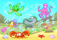 Рыбки, осьминог и черепашка на дне моря